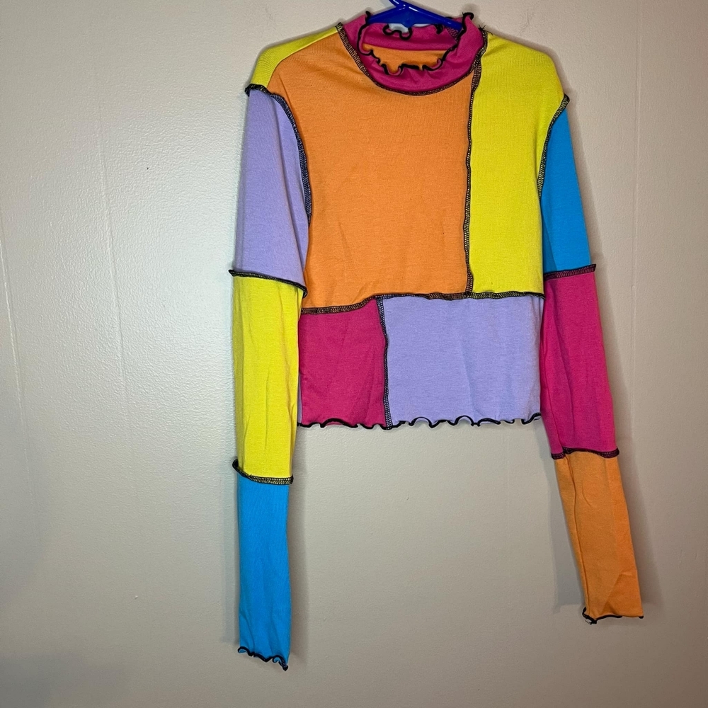 SweatyRocks Women's Color Block Ribbed Knit Slim Fitted Long Sleeve Crop Top